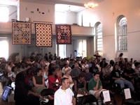 During the more than two hours, the crowd grew to over 200 people. After the speeches, questions and responses were taken from the floor. Over 40 people asked to get invoved with No War on Cuba! (88kb)